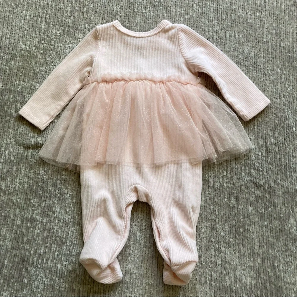 Baby Starters Pink Tulle Tutu Footie Romper 3M‎ Floral Embroidery Dressy Ballet